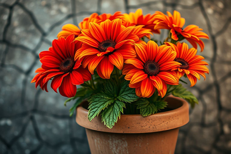 a flower pot with vibrant red and yellow flowers, cracked textured background, high detail, soft focus, 50mm lens, f/2.8 aperture, ISO 100, natural light, macro photography, digital painting style