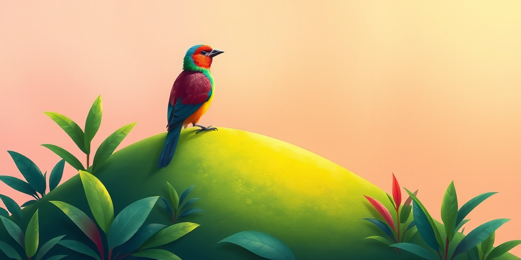 Create a vibrant, stylized illustration of a colorful bird perched on a green hill surrounded by lush foliage, in soft pastel colors, with a warm gradient background; use a digital painting technique with high resolution, in 4K quality, simulating a DSLR camera with a 50mm lens at f/2.8, 1/125 sec exposure, ISO 100, and overhead soft lighting to enhance detail and texture.