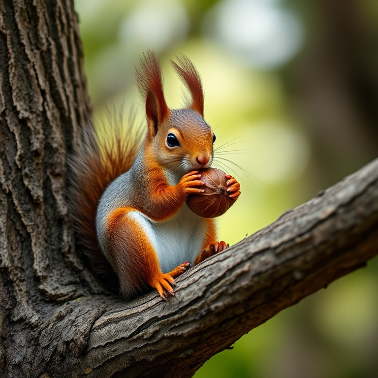 squirrel sitting on a tree branch holding a nut, captured with a Canon EOS R5, 85mm f/1.2 lens, aperture at f/2.8, ISO 200, natural light, shallow depth of field, focus on the squirrel with a blurred background