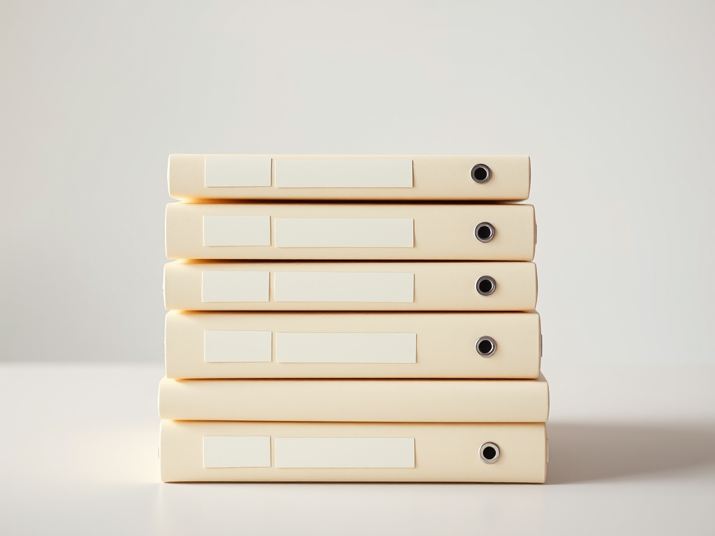 Create a highly detailed digital illustration of a stack of four cream-colored files with visible labels, using a 35mm lens, f/8 aperture, ISO 100, in a well-lit studio setting with a soft focus background.