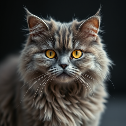 Create a highly detailed portrait of a fluffy gray Persian cat with striking yellow eyes, shot in soft natural light using a Canon EOS R5 with a 50mm f/1.2 lens at ISO 100, aperture f/2.8, and a shallow depth of field for a blurred background, capturing the elegance and texture of the cat's fur against a dark backdrop.