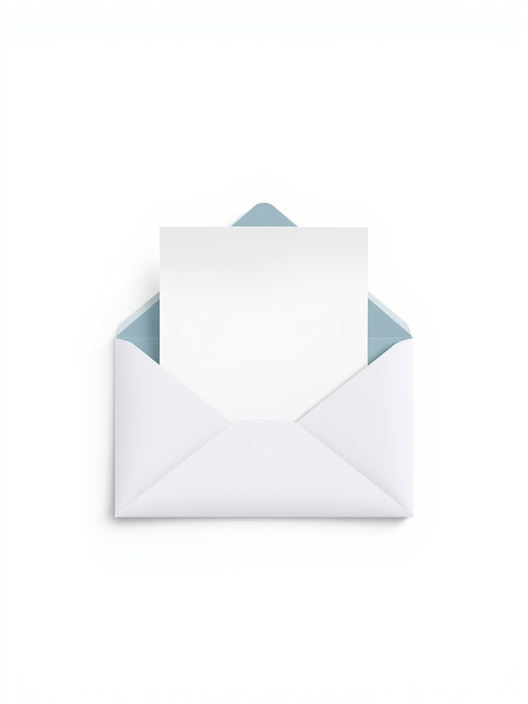 Create a high-resolution vector illustration of an open envelope with a piece of paper inside, simplistic design, flat lay view, digital art style, using a high-quality camera with 50mm lens, f/1.8 aperture, ISO 100, and soft diffused lighting to enhance clarity and detail.