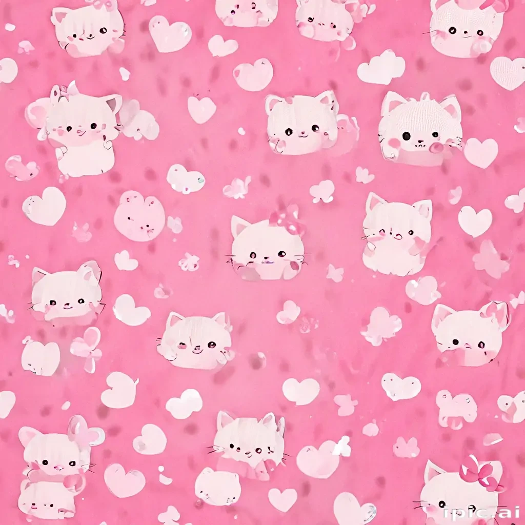Whimsical Pink Background with Cute Cat Faces and Heart Patterns