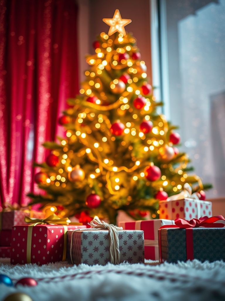 Create a vibrant image of a Christmas tree with twinkling lights, surrounded by beautifully wrapped gifts, using a DSLR camera with a wide aperture of f/2.8, ISO 400, and a shutter speed of 1/60 seconds, shot from a low angle to emphasize the tree against a sparkling red and gold background, using a soft focus lens to enhance the magical quality.