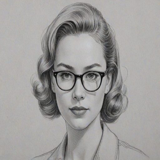 Pleasing Morgan Saylor, pencil sketch, portrait of Superb woman 1952s in glasses, hair style beatnik, outline, clear lines, fine lines, 8k