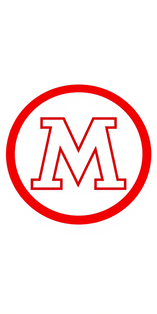 Generate a high-resolution image of a bold letter M logo within a circular red and white border, captured with a DSLR camera at 50mm focal length, f/8 aperture, ISO 100, with a shallow depth of field to enhance clarity and contrast.