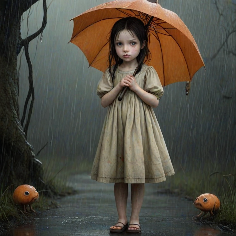 An eerie, weird little girl with dark hair in thin pigtails, wearing a smock dress, standing in the rain, holding a dirty orange umbrella, a small, odd creature beside her. In a surreal style inspired by Nicoletta Ceccoli and Brian Froud. Dark fantasy themes