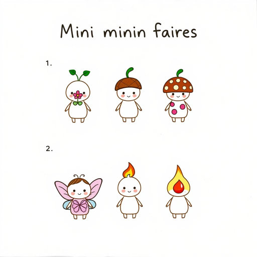 "Create an illustration featuring six cute, simple figures with various whimsical themes. Arrange them in two rows:

1. **Top Row:**
   - First figure: A tiny character with a pink flower on its head.
   - Second figure: A little character with green leaves sprouting from its head.
   - Third figure: A small character with an acorn cap on its head.
   - Fourth figure: A character with a red and white spotted mushroom cap.

2. **Bottom Row:**
   - First figure: A character with small butterfly wings.
   - Second figure: A character with a blue water droplet shape on its head.
   - Third figure: A character with a small flame on its head.

Use a soft, hand-drawn style on a textured paper background and label it ""Mini Minion Fairies"" at the top."