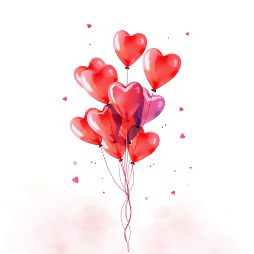 Create a vibrant watercolor illustration of a bouquet of red heart-shaped balloons floating upwards, with soft splashes of pink and red, using a Canon EOS R5, 50mm lens, f/2.8 aperture, ISO 100, natural light, and a slight tilt for a dynamic view.