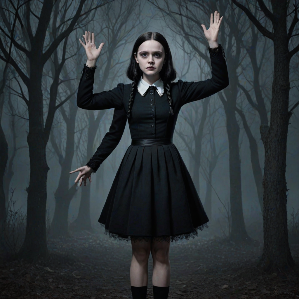 Digital art, full height portrait of Wednesday Addams, standing up with her hands in the air as if in a hold-up. Her dark, gothic attire replaces Alice’s classic blue dress, and she wears black shoes instead of blue. A small, neat black bow adorns her hair, capturing her signature style. The overall composition maintains a whimsical yet eerie tone, similar to Alice in Wonderland, while showcasing Wednesday’s iconic gothic charm.