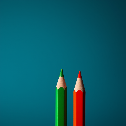 generate an image of three colored pencils (yellow, green, red) in a vertical arrangement with a smooth gradient background, using a DSLR camera with a 50mm lens, aperture f/2.8, ISO 100, and natural light to enhance image quality