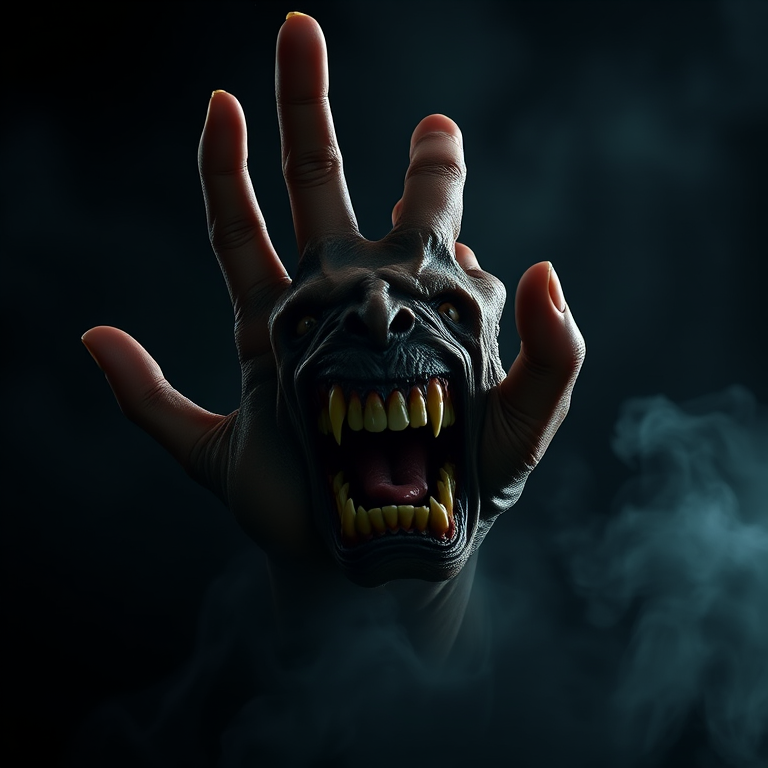 Create a hyper-realistic image of a monstrous hand emerging from a dark, smoky background, featuring exaggerated facial features with sharp teeth and a gaping mouth; use a Canon EOS R5 camera at f/1.8, ISO 100, and a shutter speed of 1/200s, in a soft, dramatic lighting style to enhance details and textures.