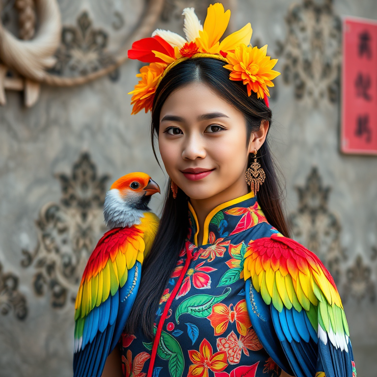 A beautiful Taiwanese girl, wearing colorful bird clothing with vibrant colors