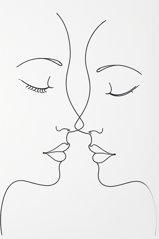 Create a minimalist line drawing of two abstract faces close together, soft focus, natural lighting, aperture f/4, shutter speed 1/200, ISO 100, captured with a DSLR camera in portrait orientation.
