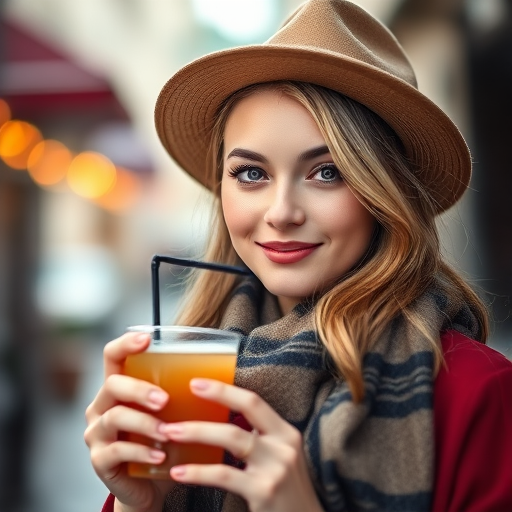 portrait of a young woman wearing a stylish hat and scarf, holding a drink, natural light, shallow depth of field, 50mm lens, f/1.8 aperture, ISO 200, soft bokeh background, captured with a DSLR camera at eye level