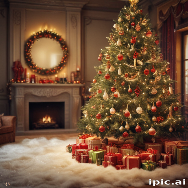 Cozy Christmas Living Room with Beautifully Decorated Tree and Gifts