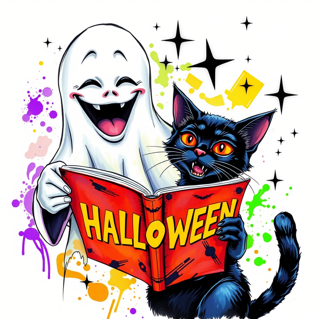 Image of a ghost and a black cat laughing exaggeratedly , and reading a comic halloween comic book, alcohol ink airbrush style, funny halloween theme, white background with neon purple, neon orange, neon green splash, black sparkles stars , dazzling BG