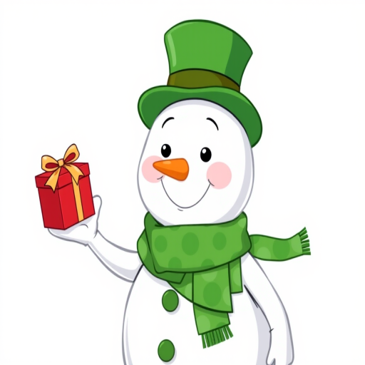 create a cartoon-style illustration of a cheerful snowman wearing a green top hat and a green spotted scarf, holding a red gift box in one hand, with a plain white background, shot with a digital camera at 50mm, f/2.8 aperture, 1/200 sec shutter speed, and ISO 100 for high clarity and vibrant colors.