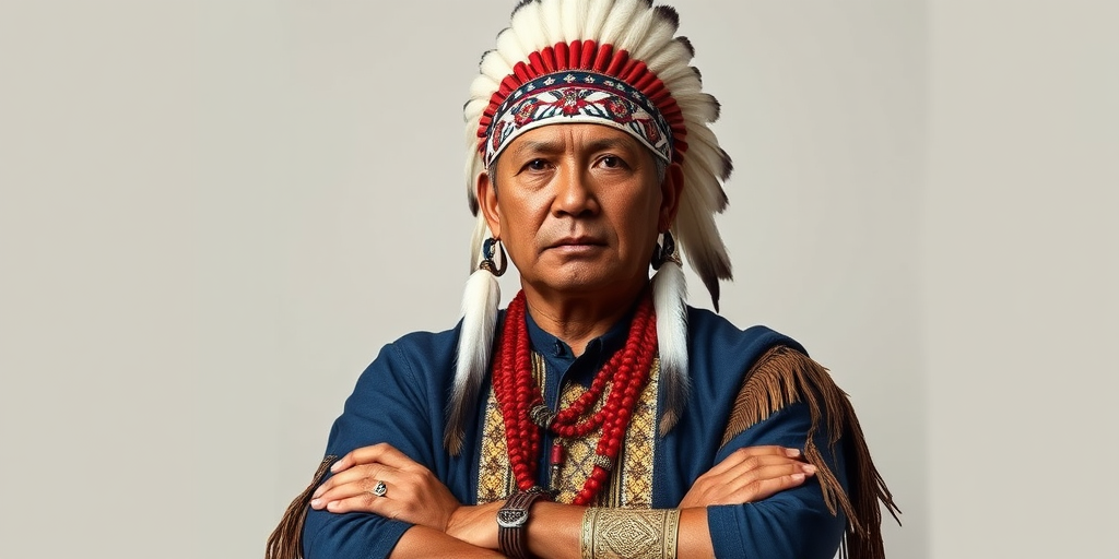 Create a dignified portrait of a Native American man dressed in traditional attire. He wears a beautifully crafted headdress adorned with white feathers and red beads, along with a beaded headband featuring intricate patterns. His clothing includes a deep blue, patterned shirt and a traditional chest piece with detailed beadwork. His arms are crossed, displaying leather armbands decorated with feathers. The background is simple and neutral, emphasizing his proud and stoic expression. The overall image captures the rich cultural heritage and strength of his persona.