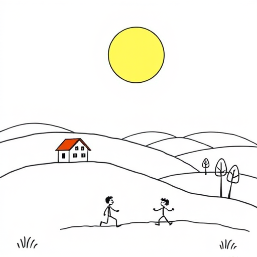 Create a hand-drawn style image of a simple landscape featuring two houses on rolling hills, two stick figures playing in the foreground, a large sun in the sky, and a few trees, taken with a Canon EOS 5D Mark IV at f/8, 1/250s, ISO 100, in natural light for enhanced clarity.