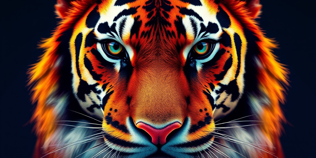 Create a vivid, high-resolution digital illustration of a tiger's face in a colorful geometric style with sharp contrasts and vibrant hues, captured with a Canon EOS R5, using a 50mm f/1.2 lens, at f/8, ISO 100, in a studio setting with controlled lighting to emphasize details and textures.