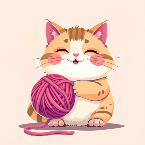 Create a cute illustration of a chubby cat holding a ball of yarn, vibrant colors, flat design, 4K resolution, 50mm lens, f/1.8 aperture, soft focus background, digital art style.