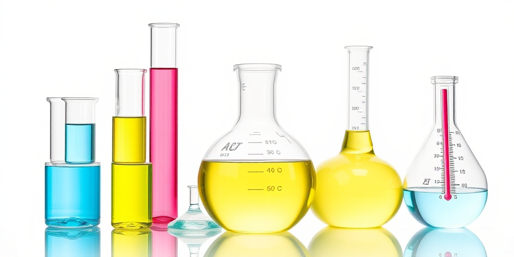 Generate a high-resolution illustration of laboratory glassware including test tubes, a beaker, a round-bottom flask, and a thermometer in a bright and colorful style, with a clean white background, using a DSLR camera with a 50mm lens, f/2.8 aperture, ISO 100, and a shallow depth of field to enhance the glass textures and reflections.