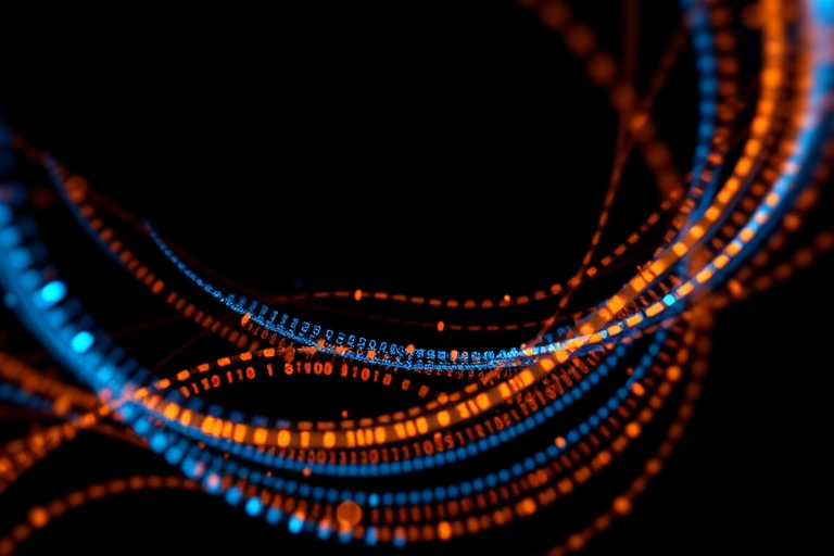 Create an abstract digital art piece featuring swirling streams of binary code in blue and orange against a dark background, shot with a DSLR camera at f/8 aperture, ISO 100, and a 50mm lens for sharp detail and vibrant colors, with a shallow depth of field to enhance the visual focus.