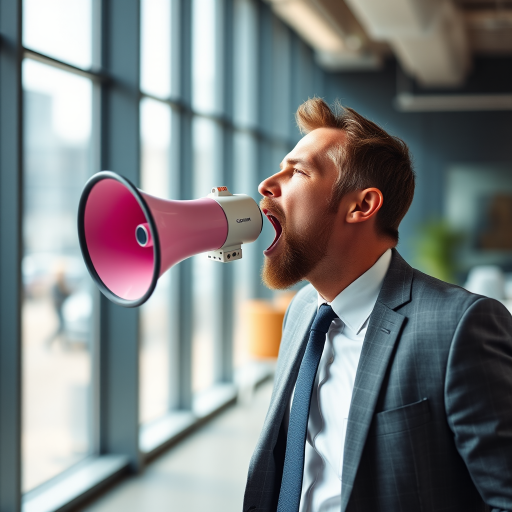 Create a high-resolution image of a man in a suit shouting into a megaphone in a modern office setting, using a Canon EOS R5 camera with a 50mm lens, aperture at f/1.8, ISO 100, and a soft natural light source from large windows, focusing on a portrait style with a shallow depth of field to blur the background.