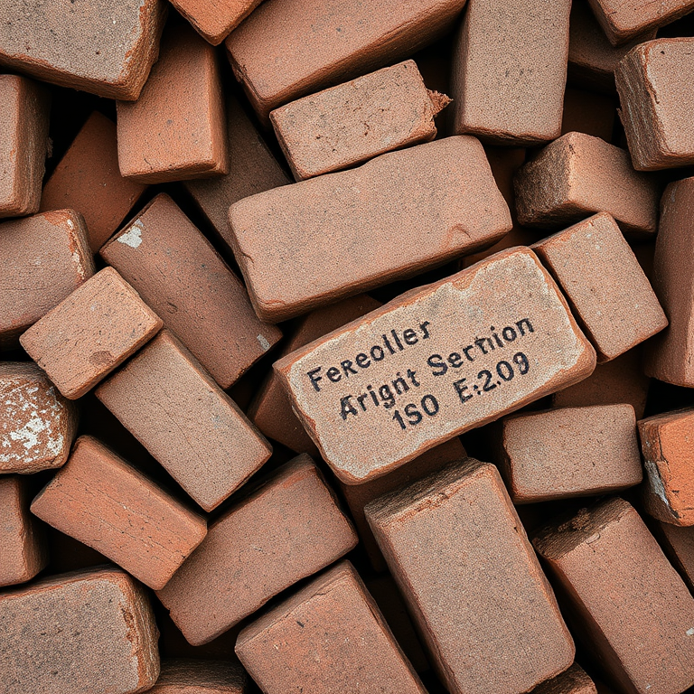 Create a highly detailed close-up image of a pile of weathered bricks in various shades of red and gray, using a DSLR camera with a 50mm lens, aperture set to f/2.8 for shallow depth of field, ISO 200 for minimal noise, and natural lighting to enhance texture and shadows.