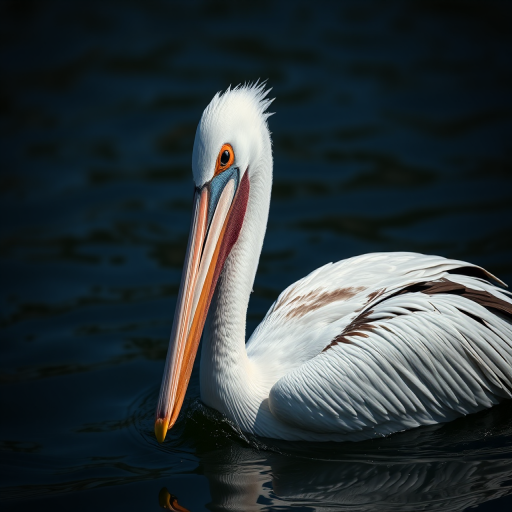 a close-up shot of a pelican on dark water, f-stop 2.8, ISO 200, shutter speed 1/250s, 50mm lens, natural lighting, DSLR camera, shallow depth of field
