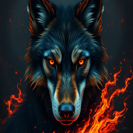Create a hyper-realistic painting of a wolf-like figure with piercing orange eyes on a dark, fiery textured background, using a Canon EOS R5 with a 50mm f/1.2 lens, shooting in portrait mode at ISO 100, f/8, and 1/200s for enhanced clarity and depth.