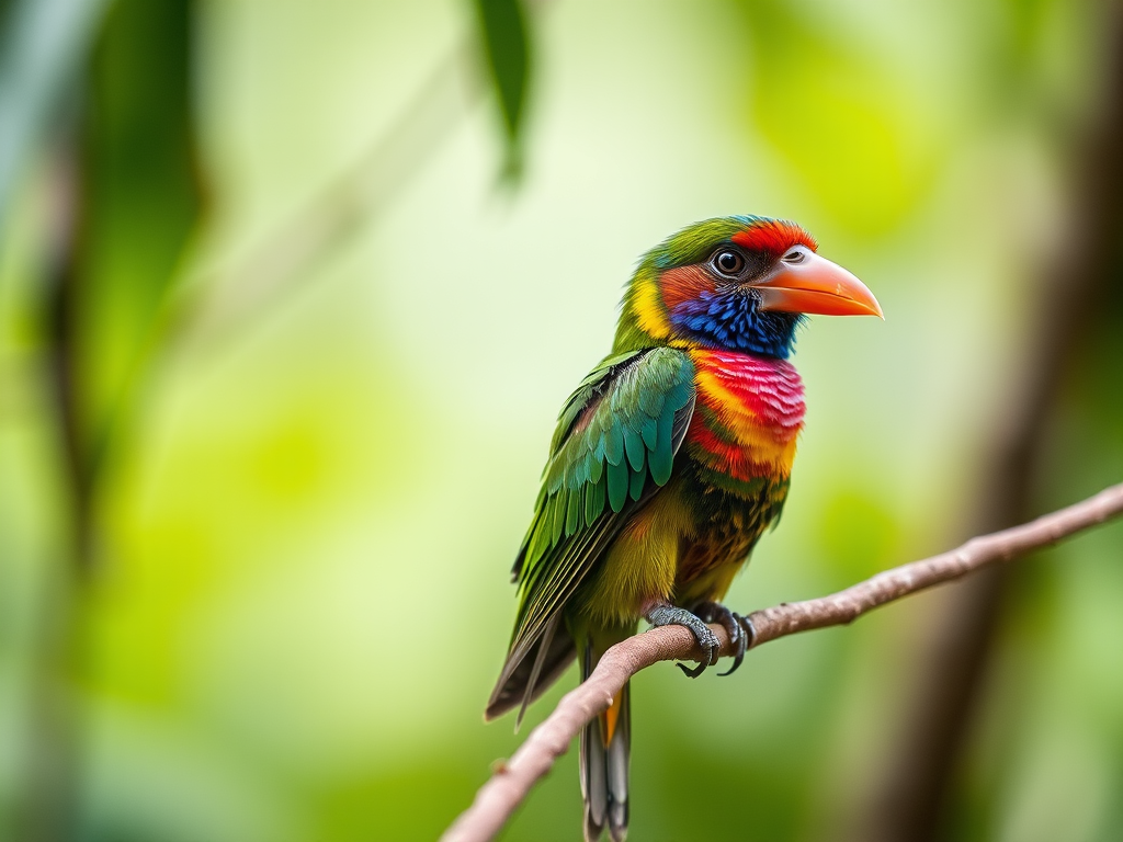 Capture a vivid image of a tropical bird perched on a branch, using a DSLR camera at f/4 aperture, 1/100s shutter speed, ISO 200, with a 70-200mm lens, taken from a side angle with a blurred background to enhance focus on the bird and its colors.