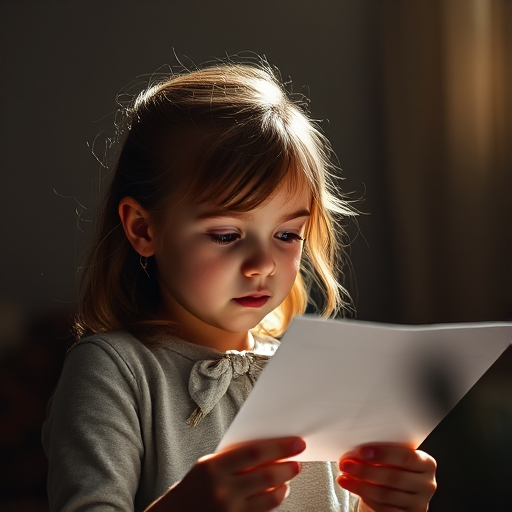 Create a portrait of a young girl in a dimly lit room, intently reading a letter, with soft natural light casting gentle shadows, captured using a DSLR camera with a 50mm lens at f/1.8, ISO 200, and a shutter speed of 1/100s, focus on her expressive face and the texture of the paper.