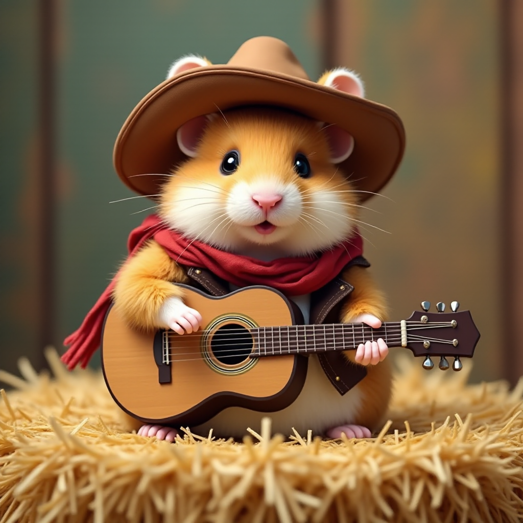 A chibi hamster, dressed as a cowboy, playing guitar, sitting on a hay bale