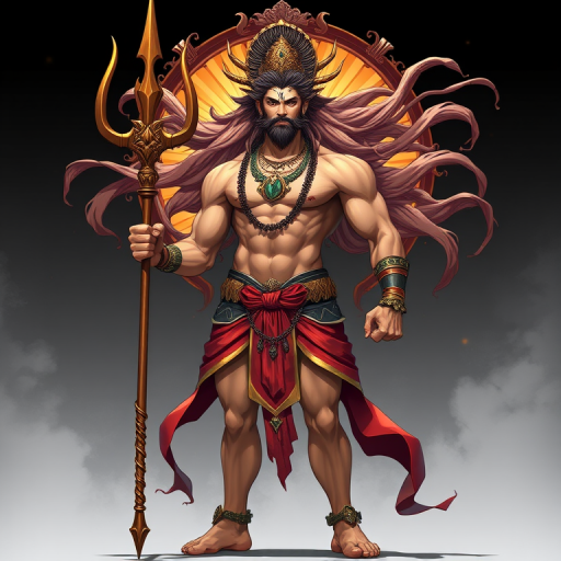 Create a high-resolution digital illustration of a muscular deity figure standing confidently with a trident, detailed flowing hair, ornate clothing, and a serene expression, using a DSLR camera with a 50mm lens, f/1.8 aperture, ISO 100, and natural lighting for enhanced shadows and highlights.