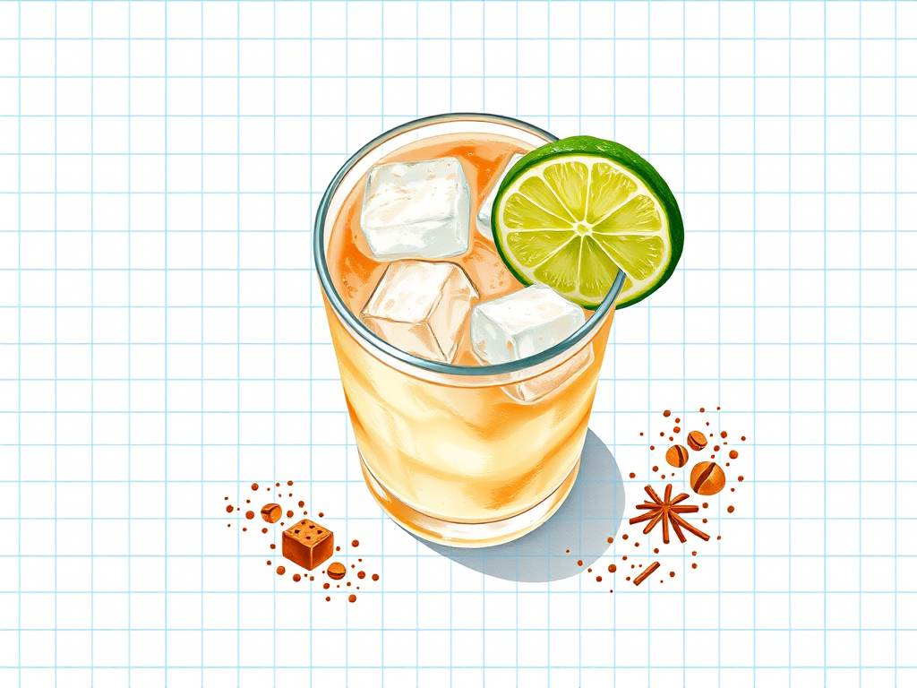 Generate an illustration of a Caipirinha cocktail with ice cubes, half a lime, white rum, and brown sugar on a grid paper background, captured with a Canon EOS R5 at f/2.8, 1/125 sec, ISO 100, using a top-down view with a watercolor style.