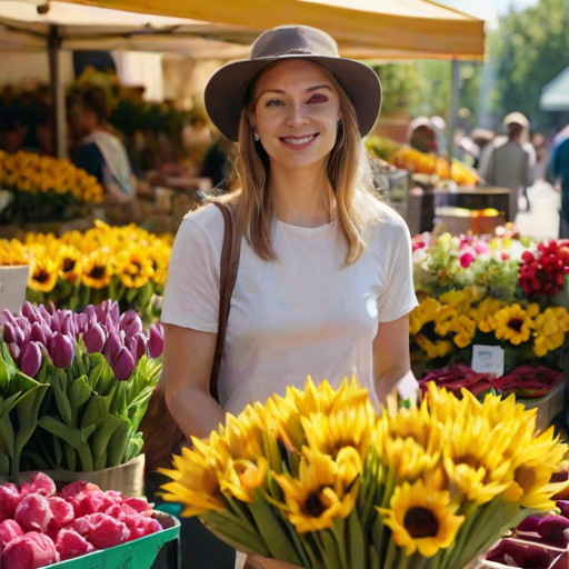 Bustling farmers' market on a sunny day, a woman with a wide-brimmed hat stands at a flower stall, selecting vibrant bouquets of sunflowers and tulips.