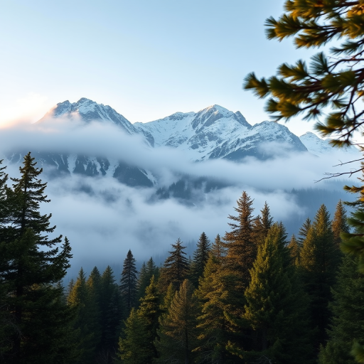 A misty mountain landscape with snow-capped peaks surrounded by evergreen trees in a forest, captured with a Canon EOS R5, 24-70mm lens, f/8 aperture, ISO 100, 1/250 sec exposure, low angle view, early morning light for enhanced clarity and mood.