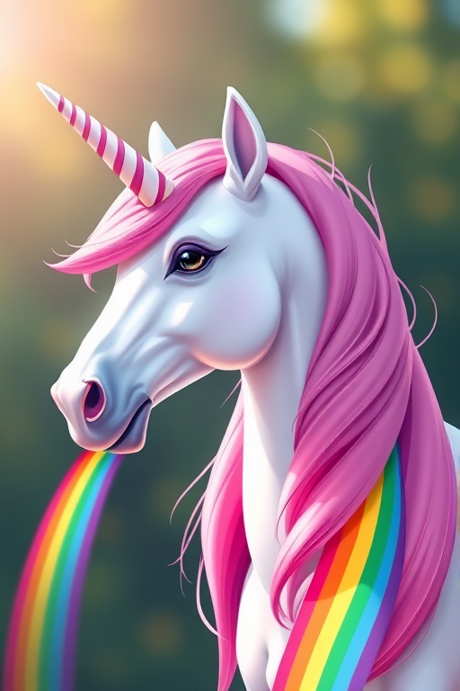 Create a vibrant illustration of a unicorn with a pink mane and a rainbow flowing from its mouth, using a DSLR camera with a 50mm lens, aperture f/2.8, ISO 100, in daylight with a slight bokeh effect to enhance the colors and details.
