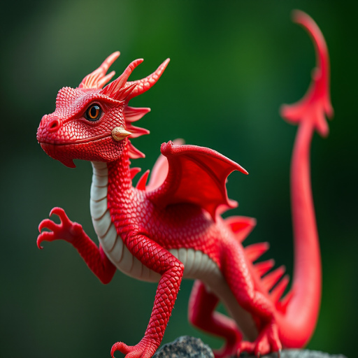 Create an image of a vibrant red dragon in a dynamic pose, with detailed scales and expressive eyes, captured with a Canon EOS R5, 50mm lens, f/1.8 aperture, ISO 100, with a slightly angled view to highlight its wings and tail, utilizing soft lighting for depth and texture.