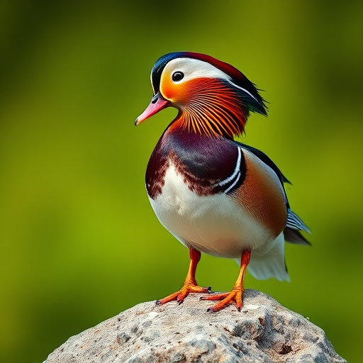 Capture a close-up of a Mandarin duck perched on a rock with a blurred green background, using a DSLR camera with a 50mm lens, aperture f/2.8 for shallow depth of field, ISO 100 for optimal clarity, and natural lighting to enhance colors and details.