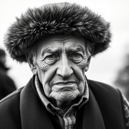 create a black and white portrait of an elderly man wearing a fur hat and a vest, with a serious expression, capturing the details of his wrinkled face and the texture of the fabric in a soft-focused background
