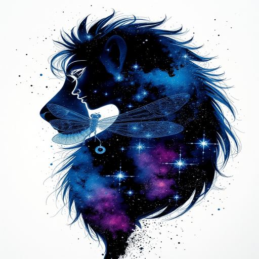 Captivating conceptual render alcohol ink art, double exposure, the paint strokes artfully merge combining a woman's full silhouette with a Delicate dragonfly's silhouette. The figures are composed of a series of colored dots, lines & spots that evoke the image of a cosmic galaxy, colors are deep shades of blue purple & black with flashes of white & silver representing distant stars. The woman's silhouette is formed within the lion's silhouette from constellations of scattered stars, surreal