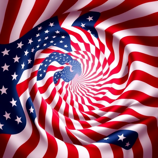 Create an image of swirling American flags in a spiral pattern, using a DSLR camera with a focal length of 50mm, aperture set to f/8, ISO 100, in a high-quality digital style.