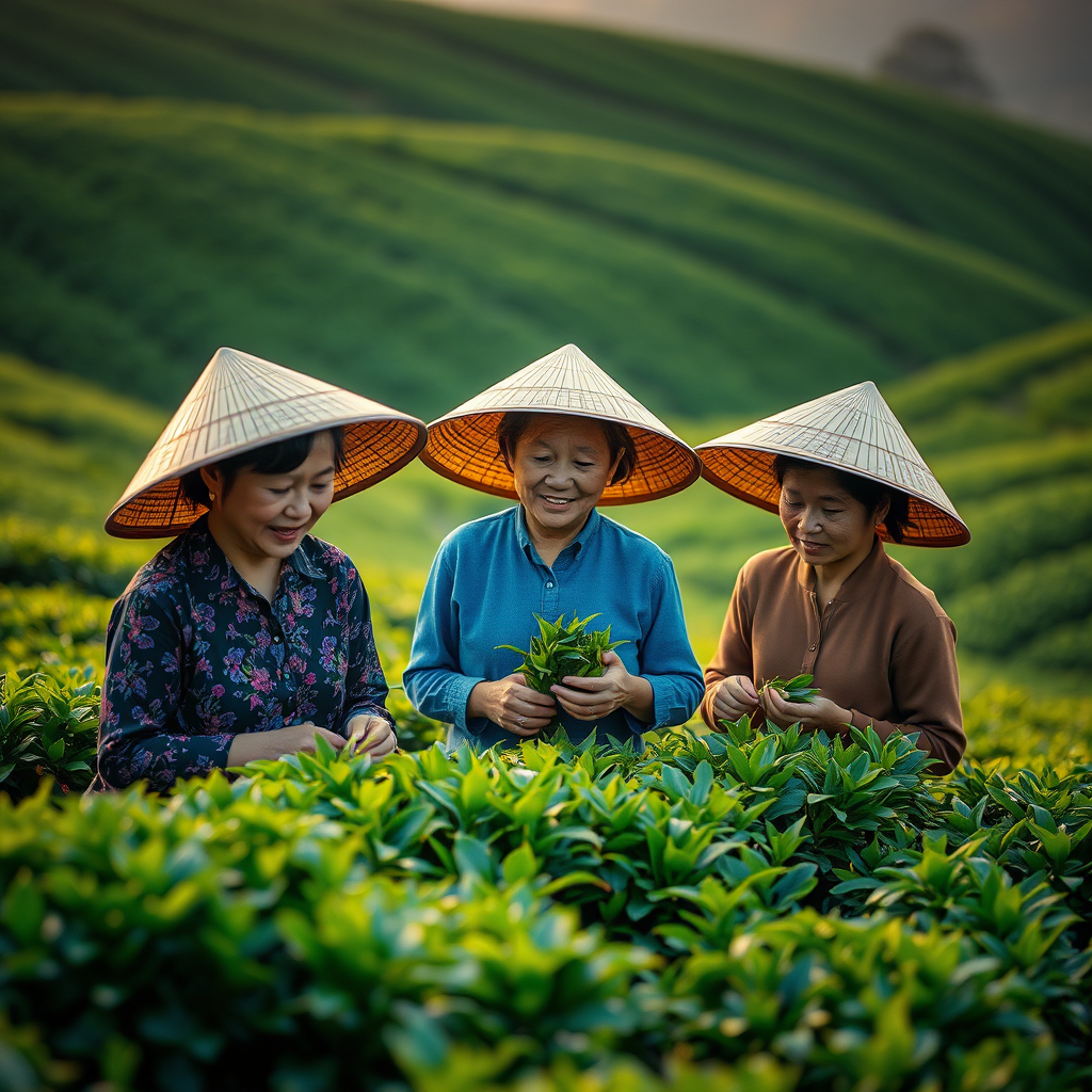 regenerate the image of three women in traditional conical hats picking tea leaves in lush green hills during golden hour, using a Canon EOS R5 with a 50mm f/1.2 lens, aperture at f/2.8, ISO 100, and a shallow depth of field to enhance background blur while capturing vibrant colors and soft lighting