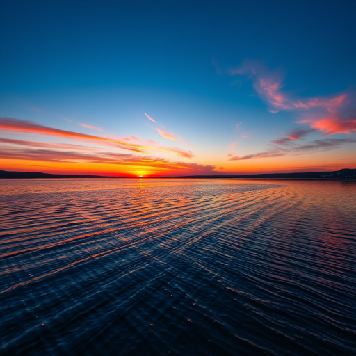 Capture a vibrant sunset over a tranquil lake with reflections on the water, using a DSLR camera, aperture f/8, shutter speed 1/125s, ISO 200, 24mm wide-angle lens, HDR style, and in landscape orientation.