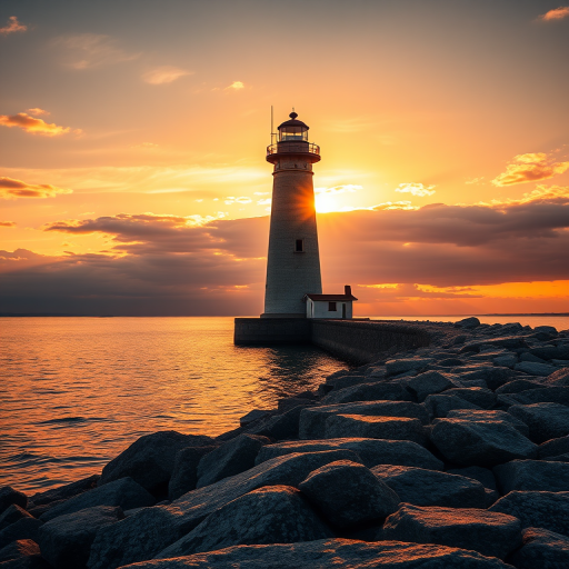 lighthouse at sunset with warm golden light reflecting on the water, wide-angle view, f/11 aperture, ISO 100, 1/125 sec, landscape photography, DSLR camera