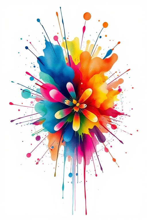 Watercolor splatter "Chromatic Explosion" tattoo concept featuring vibrant bursts of color blending and bleeding into each other with dynamic brush-like strokes and splatters for an expressive and artistic look