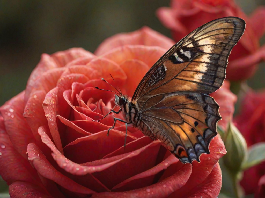 Sharp, detailed close-up of a butterfly landing on a vibrant red rose, soft light reflecting off its wings, tiny details of the petals visible, and the feeling of delicate beauty.